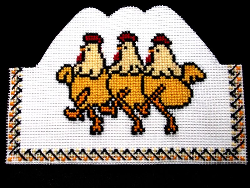 3D Grußkarte im Kreuzstich Tanzende Hühner